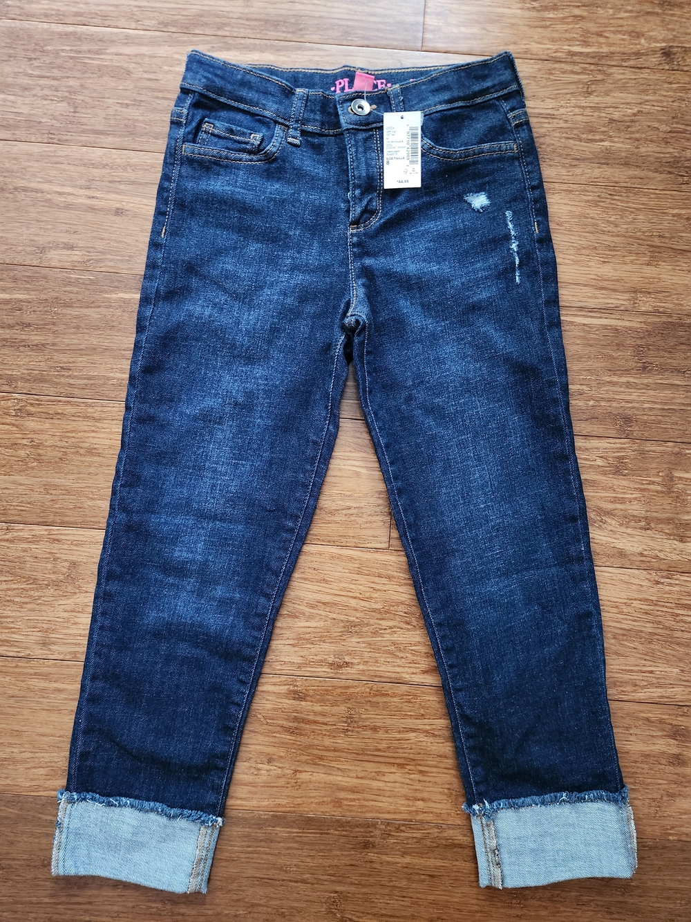 New The Children's Place Girl's Straight Dark Blue Wash Rolled-Hem Jeans, Size 8